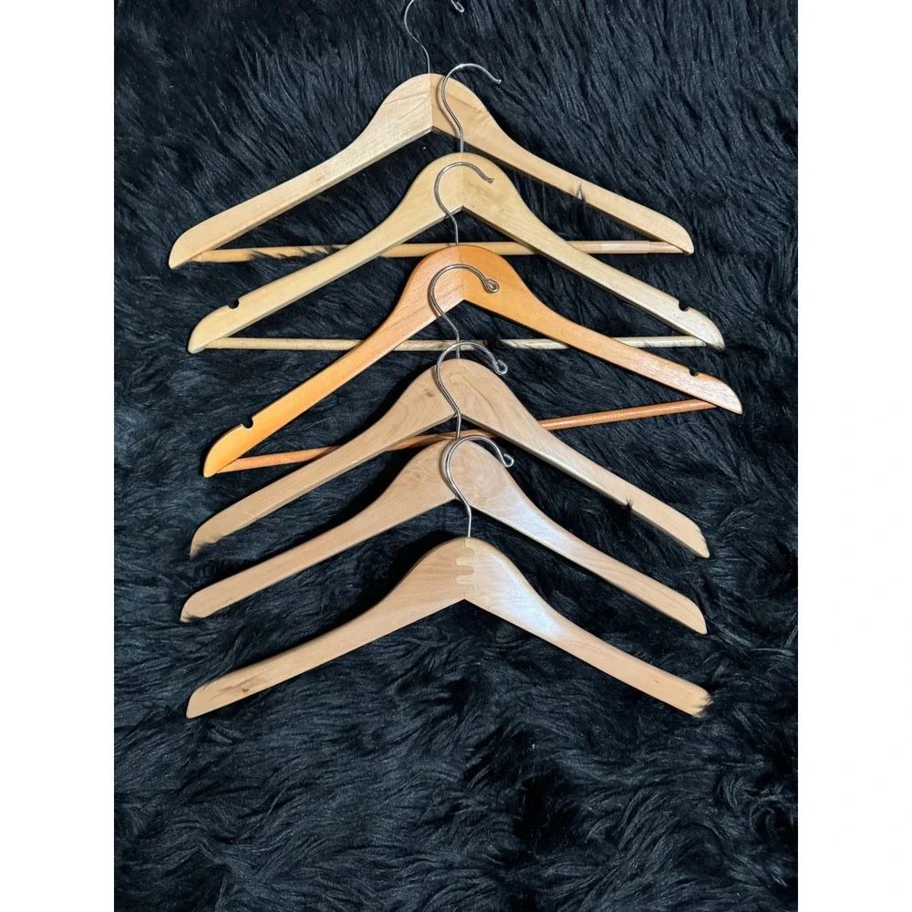 Set of 6 Natural Wood Hangers Mixed Style Wishbone and Contoured with Metal Hook